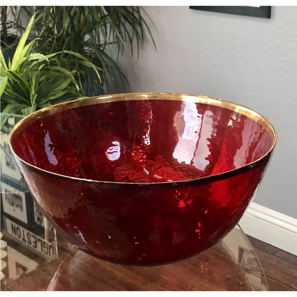 Huge NWT 10 Strawberry St. Red Textured Glass Oversized Serving Bowl w/Gold Trim - Picture 4 of 9